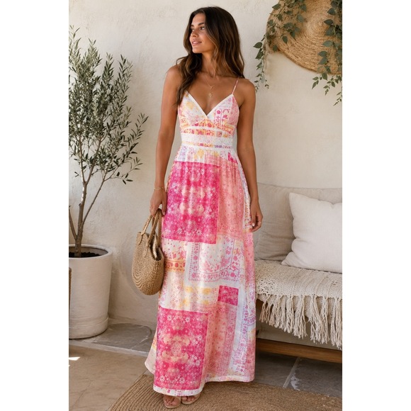 coco + jaimeson Dresses & Skirts - Coco + Jaimeson Pink Patchwork Lace Boho Maxi Dress Size Small Romantic Dreamy